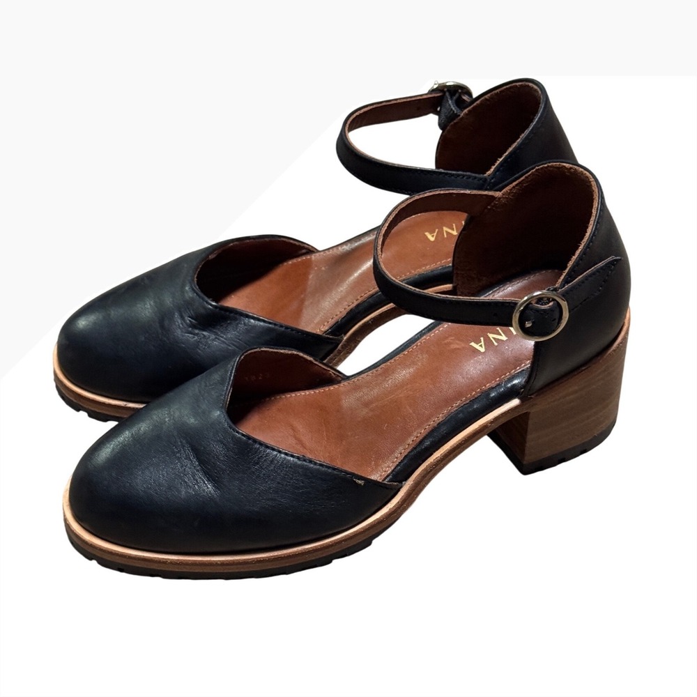 Portland Leather Patina Black Leather Mary Jane Lug Sole Block Heel Pumps  7.5